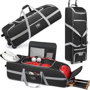 Large Catcher Gear Bag With Wheels, Soft Rolling Baseball Bag for 4 Bats, Portable Baseball Catcher Bag With Wheels, Multi-Pockets, Fence Hook, Holds All Softball Baseball Equipment (99*30*30cm) (Black)