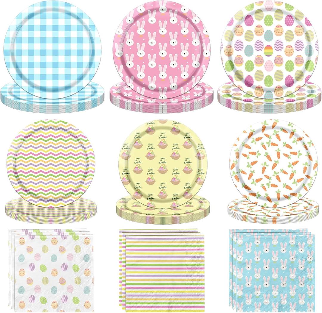 Easter Plates and Napkins, 62Pcs Easter Party Supplies Colorful Eggs Dinnerware Set, Bunny Pattern Easter Paper Plates and Napkins for Spring Picnic Easter Party Decorations, Serve 20 (Multicolour)