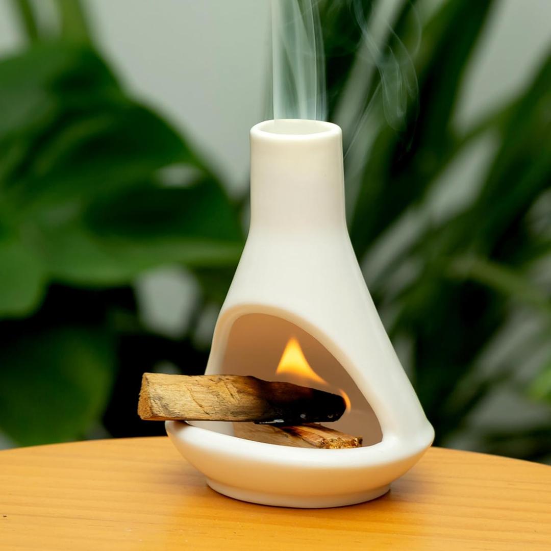 Ceramic Chiminea Palo Santo Holder and Burner - Modern Medieval Incense Candle and Matchstick Mini Chiminea for Wood Sticks and Bulk Incense with Ash Catcher - Zen-Inspired Home Decor Gift (White - Small Palo)