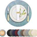 Round Faux Leather Placemats and Coasters, Set of 6, Reversible Heat Resistant Non-Slip Table Mats, Waterproof Wipeable Place Mats for Dining Table, Washable for Indoor & Outdoor (6, Blue)