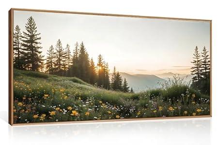 FWIEXA Green Forest Mountain Framed Canvas Wall Art Set, Wildflower Meadow Wall Decor, Floral Pictures Artwork, Nature Sunset Landscape Art Prints for Living Room, Bedroom, Office - Size 20"x40"