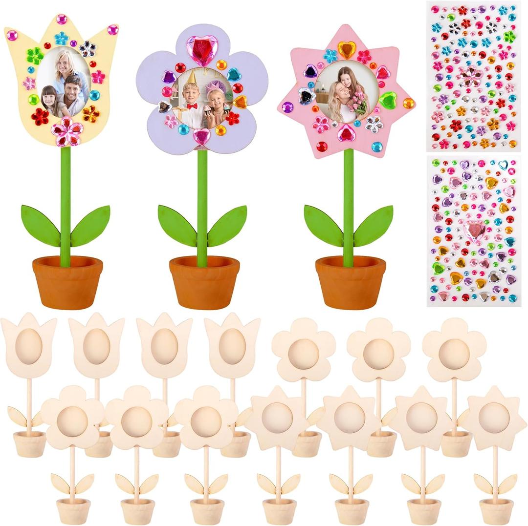 14 Sets DIY Paintable Wood Flowers Photo Holders, Mother's Day Crafts Wooden Flower Picture Frames, Spring Flower Pot Unfinished Wood Ornament with Gems Stickers for Painting Mothers Day Birthday Gift
