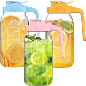 3-Pack 64oz Glass Mason Jar Pitchers with Leak-Proof Lids and Handles Wide Mouth Design for Sun Tea, Cold Brew, Lemonade, Juice, Iced Tea, and Water (Light Blue, Pink & Orange (3 Pack)
