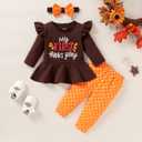My First Thanksgiving Outfits Kids Toddler Baby Girls Ruffle Sleeve Shirt+Pants Set Fall Clothes (Brown)