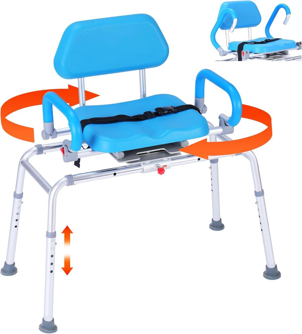 Sliding Shower Chair, Tub Transfer Bench with 360 Swivel Seat, Padded Seat and Pivoting Arms, Height Adjustable Bathtub Transfer Bench for Tubs, Bath Chairs for Adult Elderly Disabled Handicap, Blue