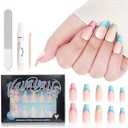 VAVAVAILS French Tip Press On Nails Long Coffin, Salon-Grade Fake Nails Manicure for Women, Easy Application, Reusable & Durable, 12 Sizes - 24 Pcs with Glue & Jelly Gel, Colorful