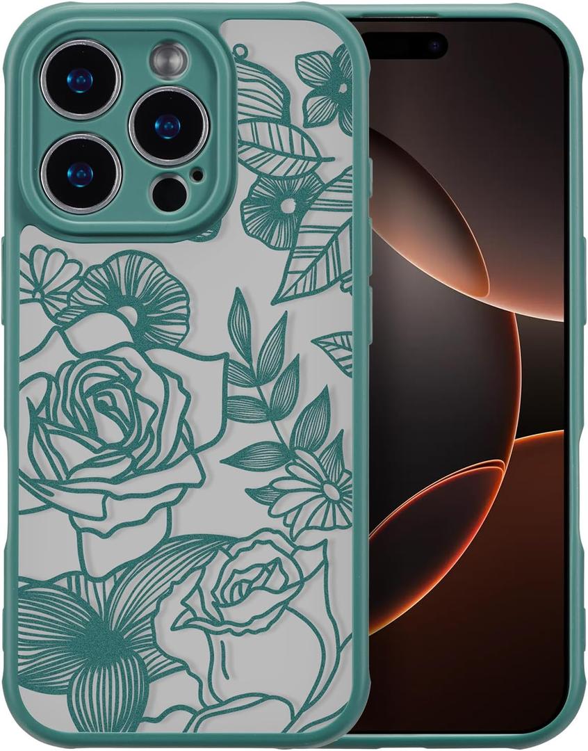 XIZYO for iPhone 16 Pro Case, Floral Rose Cute Phone Case for Women Girls Aesthetic Pattern Print Slim TPU Bumper Shockproof Protective Cover for iPhone 16 Pro 6.3 Inch, Deep Green