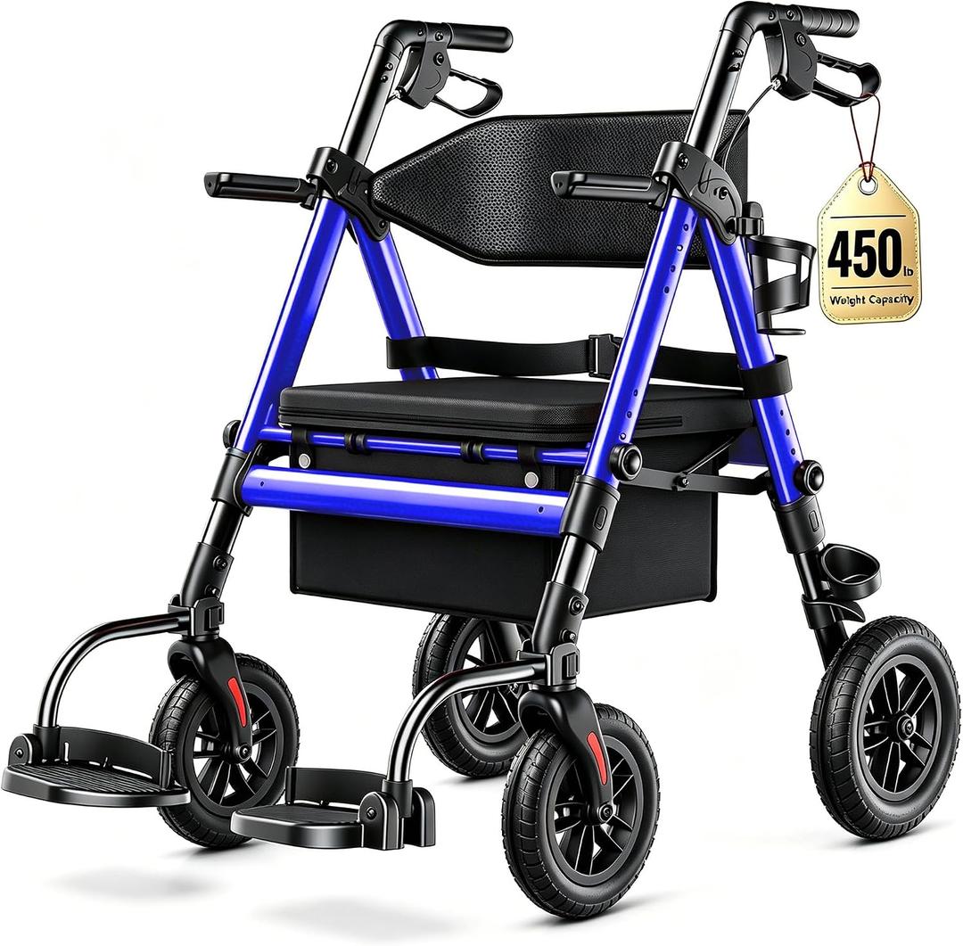 Heavy Duty Walkers for Seniors, 2 in 1 Rollator Wheelchair Combo
450 lb Capacity, 10" All-Terrain Wheels, Adjustable Seat & Handle, Foldable Transport Chair with Seat, Blue