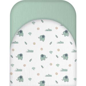 Muslin Bassinet Sheets for Baby Boy Girl - Extra Soft 100% Cotton Bassinet Sheets Fitted for Oval Rectangle Hourglass Mattress, 2 Pack(Green&Elephant)
