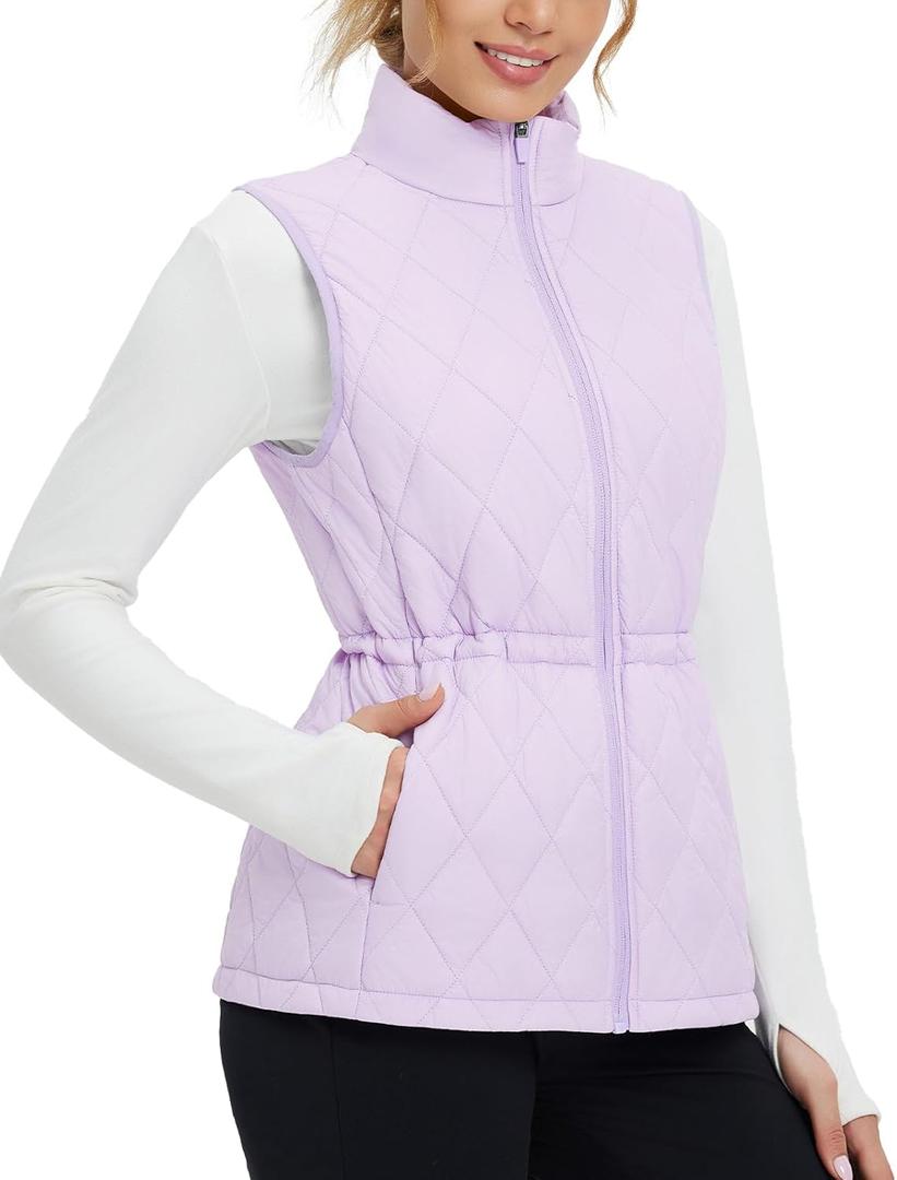 Baleaf Women's Puffer Drawstring Vest Lightweight Winter Warm Stand Collar Quilted Golf Vests Water Resistant Zip Pockets, XL