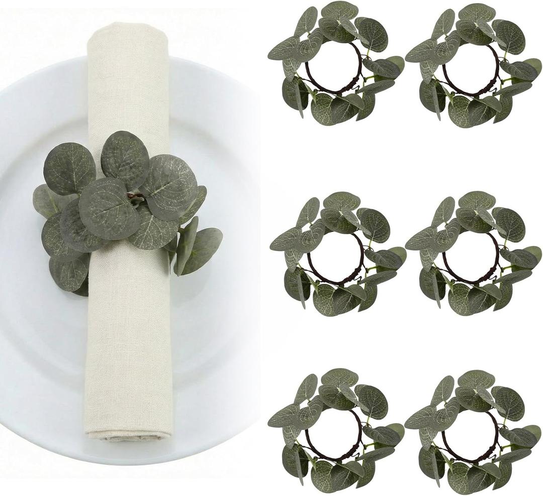 6 Pcs Eucalyptus Napkin Rings for Wedding Dining Table Napkin Holder Wreath Artificial Pine Needle for Winter New Year Dinner Party Family Gathering Banquet Xmas Serviette Buckles