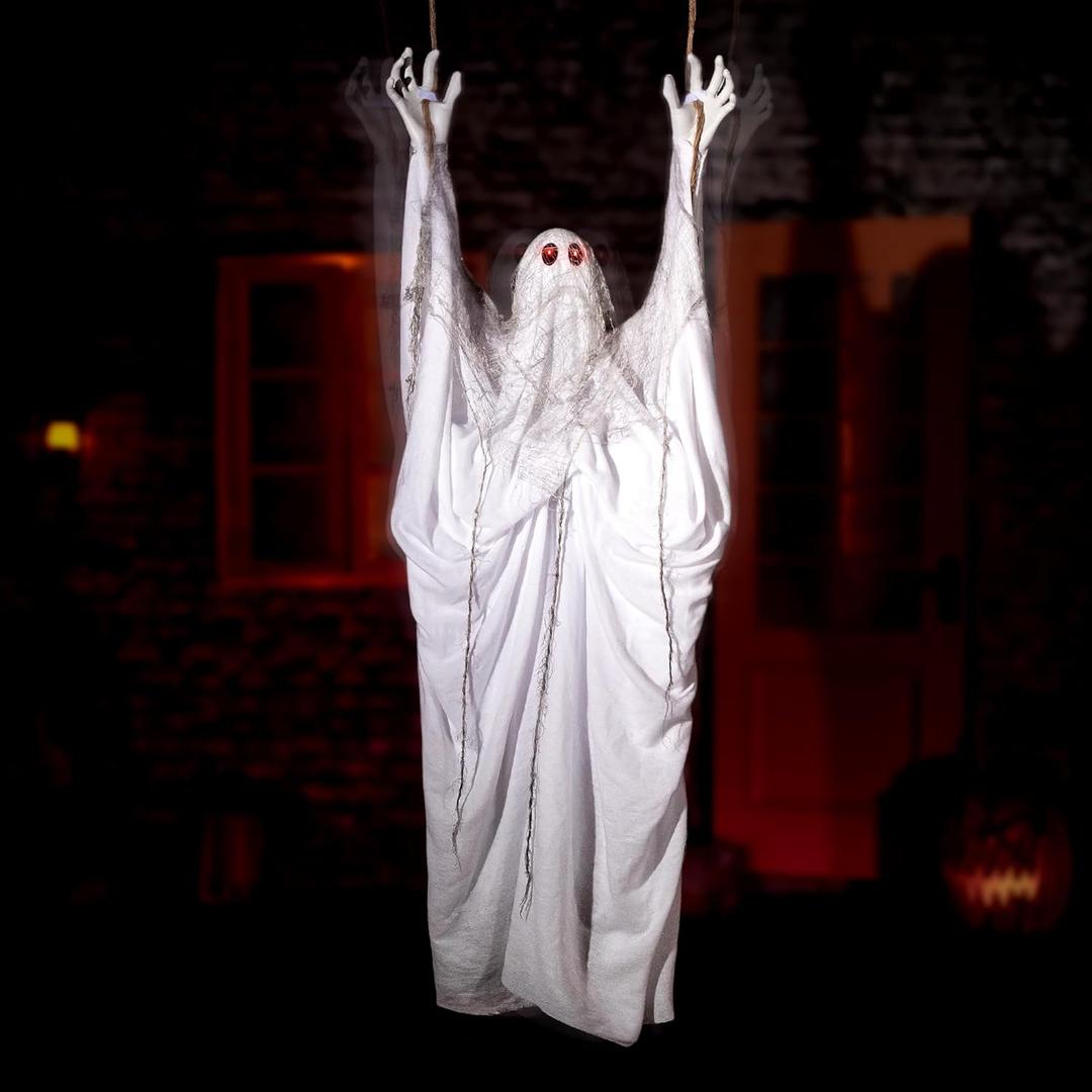 Halloween Animatronics 5ft Hanging Swing Ghost, Animated Floating Decorations with Sound Activated, Creepy Sound, Light Up Eyes, Scary Move, Haunted House Decor Spooky Prop for Indoor, Outdoor, Yard