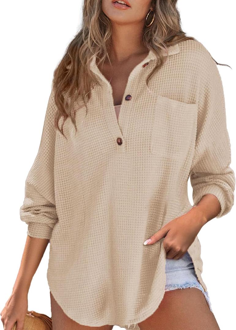 DERAX Women's Oversized Waffle Knit Tops Henley Shirts Long Sleeve V Neck Loose Fit 2026 Spring Tunic Blouse Apricot XL (Beige, XL)