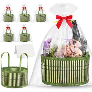 Weysat 6 Set Baskets for Gifts Empty Graduation DIY Bulk Large Woven Bamboo Gift Basket Kit with Handle Bow Wrap Bag to Fill for Father's Day Wedding Birthdays Party Wrapping (Green)