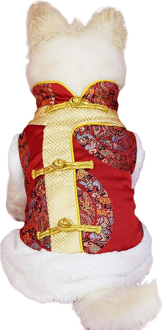 BAMY New Year Small Dog Coat Warm Cat Costume Winter Pet Clothes Vest of The Tang Dynasty Christmas Hoodie for Boy Puppy Kitten Teddy Bichon (L (Chest Circumference 21.2in))
