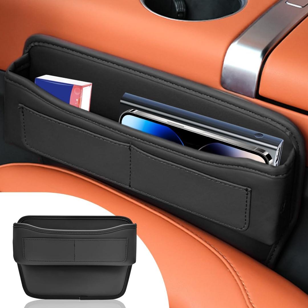 Car Seat Gap Filler, Leather Car Holder Gap Bag, Universal Car Storage Box for Front Seats, Car Seat Gap Organizer Accessories for Phones, Glasses, Keys, Cards (Black)