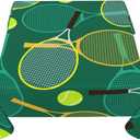 Tennis Rackets and Balls Tablecloth Square 60 Inch Green Waterproof Table Cover for Party Picnic Dining Room Kitchen BBQ Wedding Indoor Outdoor Table Cloth Home Decor