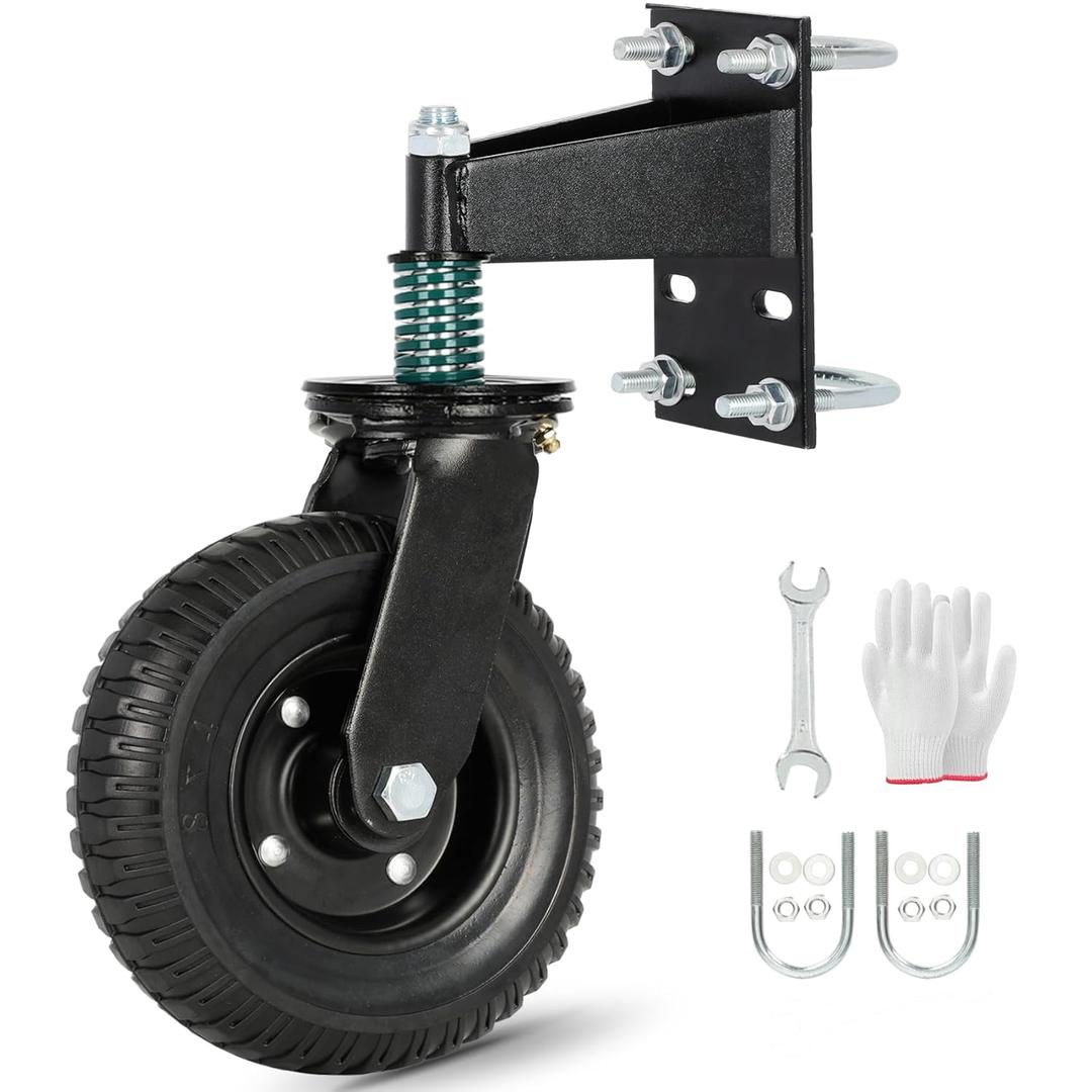 Gate Wheel,8 Inch Heavy Duty Fence Gate Wheel - 600LBS Spring Loaded Caster, 360 Swivel for Metal & Wood Gates, Dual Mount (U-Bolt/Straight), Shock Absorbing All-Terrain Tire/Hardware Kit