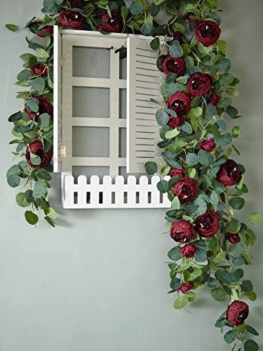 MISSPIN Artificial Eucalyptus Garland with Flower Vintage Faux Peony Rose Vine Greenery Decorative Table Centerpieces for Spring Wedding Arch Door Arrangement Party Decor