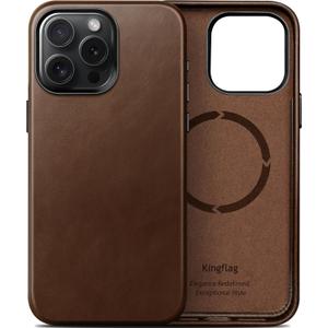 Genuine Leather Case for iPhone 15 Pro Max 6.7 inch, Oil Wax Top-Grain Leather, Compatible with MagSafe, Metal Buttons and Camera Bezel (Rustic Brown)