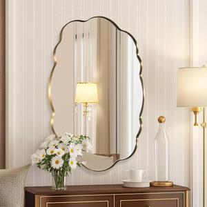 ANDY STAR Brushed Gold Wavy Oval Scalloped Mirror - 24x32 Wavy Modern Bathroom Mirror, Brass Anti-Rust Stainless Steel Frame, Hang Vertical or Horizontal