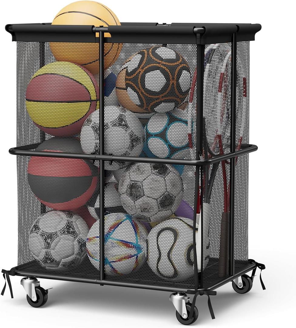 Vrisa Rolling Storage Cart, Outdoor Ball Storage with Side Zipper Garage Organizers and Storage with Wheels Sports Equipment Organizer for Garage Outdoor & Indoor