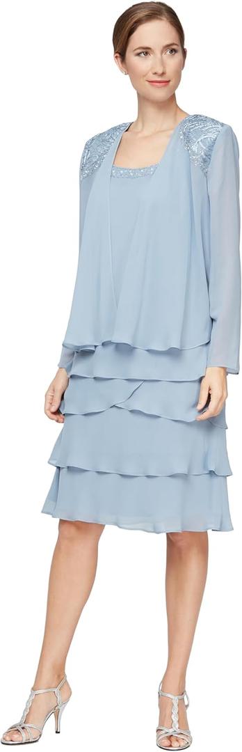 S.L. Fashions Women's Mother of The Bride Tiered Jacket Dress with Shoulder Embellishment (Size 12, Hydrangea)