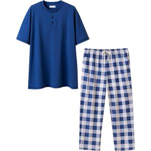 Keyocean Mens Pajama Set, Soft Cotton Short-Sleeve T-Shirt & Long Pants PJ Set for Sleeping (Blue, XL)