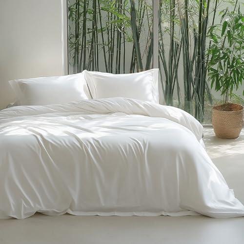 Bedsure 100% Rayon Derived from Bamboo Duvet Cover King Size - Lightweight Silky Cooling Comforter Cover Set for Hot Sleepers, Breathable & Moisture-Wicking Bedding Set, Pure White