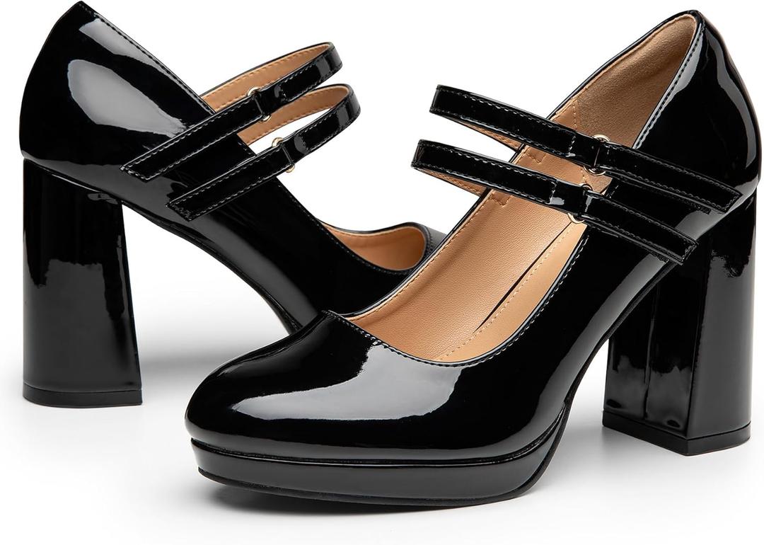 Trary Platform Mary Jane Shoes Womens Heels, Chunky Heels Mary Janes Dress Shoes for Women Close Round Toe Pumps Shoes with Buckle Strap for Office Party Casual Wedding (10, PatentBlack)