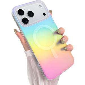 Cute Case for iPhone 17 Pro Max Case for Women Girls [Compatible with Magsafe] Aesthetic Girly Glitter Bling Rainbow Magnetic Protective Phone Cover, Translucent Iridescent Blue & Pink