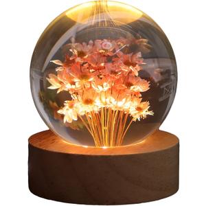 Suruim Daisy Flower Crystal Ball Night Light, Floral Resin Lamp Decor, Cute Daisy Gifts for Women and Girls, Flower Night Light for Bedroom, Living Room, or Office (Red Daisy)