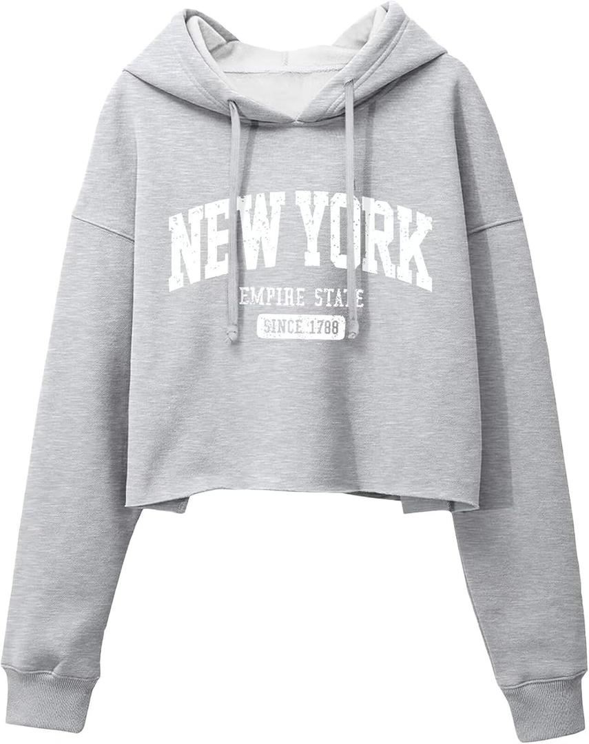 ORANDESIGNE Woman Letter Graphic Print Cropped Hoodie Long Sleeve Crop Fleece Casual Workout Loose Pullover Sweatshirt Tops (Medium, A New York Grey)