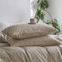 MooMee Bedding Pillowcases Striped Pack of 2 100% Washed Cotton Linen Like Textured Breathable Durable Soft Comfy (Tannish Linen Grey White Wide Stripes, Queen)