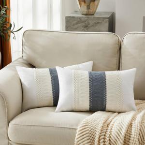 Soft Cotton Boho Lumbar Throw Pillow Covers Set of 2, Natural White/Contrast Navy 12x20 Inch, Navy Farmhouse Decorative Cushion Covers for Sofa Bed Living Room Home Decor