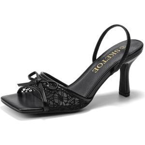 SKETOE Kitten Heels for Women Square Toe Mesh Sandals Bow Knots Heels Open Toe Sandals for Women Comfortable Dressy Shoes for Wedding Party, Black, Size 8.5