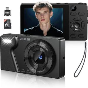Digital Camera with Front Rear Lens, Autofocus 64MP 4K Camera for Photography with 32GB Card, Portable Compact Point and Shoot Camera for Teens Adult Beginner with Metal Shell, 2000mAh Battery (Black)