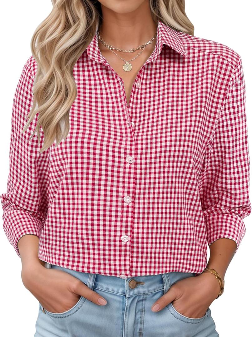 LOMON Womens Long Sleeve Button Down Shirts Casual Loose Fit Cotton Collared Blouses (Red, S)