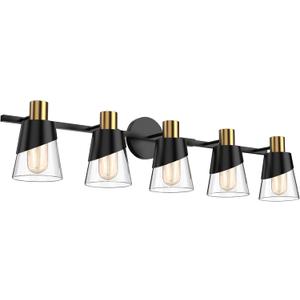 URSOLA Bathroom Light Fixtures, 5 Lights 36inch Black and Gold Vanity Light, Bathroom Lighting Fixtures Over Mirror, Wall Light with Clear Glass Shade, E26 Base (Bulbs Not Included)