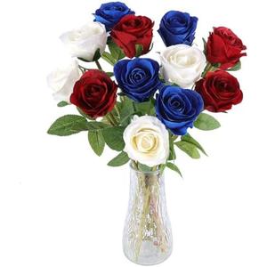 Hananona Artificial Roses Flowers for 4th of July Decorations, 12 Pcs Silk Rose Bouquet for Patriotic Flower Decor, Faux Roses for Independence Day Parties Cemetery Flowers (12, Red, White, Blue)