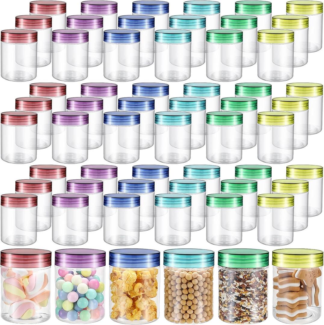 Sliner 60 Pcs 8 oz Plastic Jars with Lids Clear Round Leakproof Storage Containers Empty Refillable Plastic Mason Jars for Travel Storage Face Creams Kitchen Household Food Spice (Colorful)