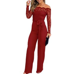 CHICME Womens Dressy Jumpsuits Casual One Piece Outfits Off Shoulder Lace Trim Overalls Straight Leg Pants (Medium, Wine Red)