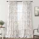 Floral Linen Curtains - 100 Inch Length for Living Room & Bedroom, Botanical Patterned, Burlap Textured, Rustic Farmhouse, Shabby Chic, Extra Long Drapes