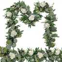 2 Pack 13Ft Artificial Spring Eucalyptus Flower Garland with White Roses, Fake Flower Greenery Floral Green Garland Vines for Wedding Arch Table Runner Backdrop Mantle Home Decorations (White)