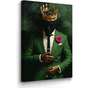 BJYCHG Black Man Picture Gold Crown Wall Art Afro American Canvas Prints King Crown Paintings Black African Wall Decor for Men Bedroom Framed (Green, 24L x 16W)