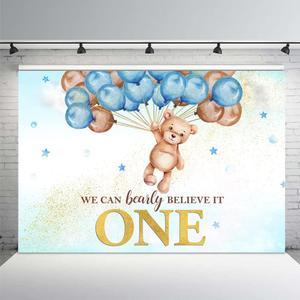 MEHOFOND Boys 1st Birthday Bear Backdrop We Can Bearly Believe It One Happy First Birthday Banner Decorations Photography Background Kids Portrait Cake Table Supplies 7x5ft (Blue)