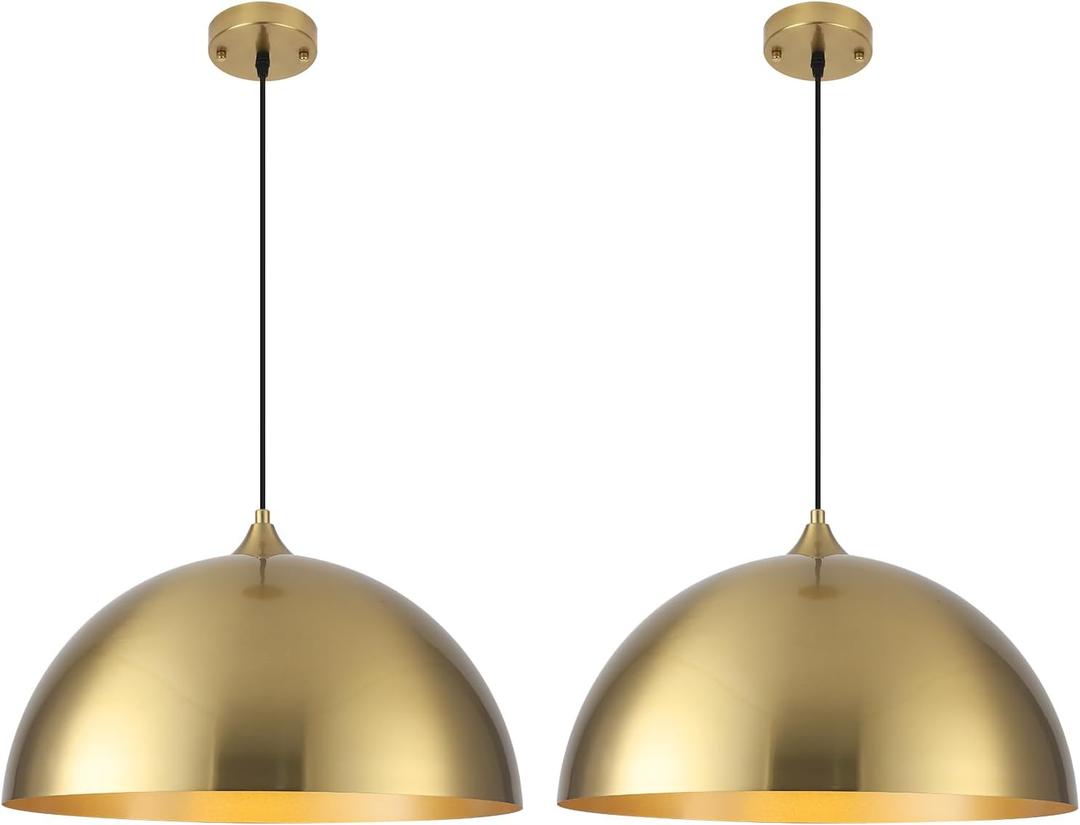 Gold Pendant Lights Kitchen Island, 16 Inch Large Pendant Light, Gold Dome Pendant Light, Industrial Farmhouse Pendant Lights for Kitchen Island, Dining Room, Cafe, Bar, 2 Pcs