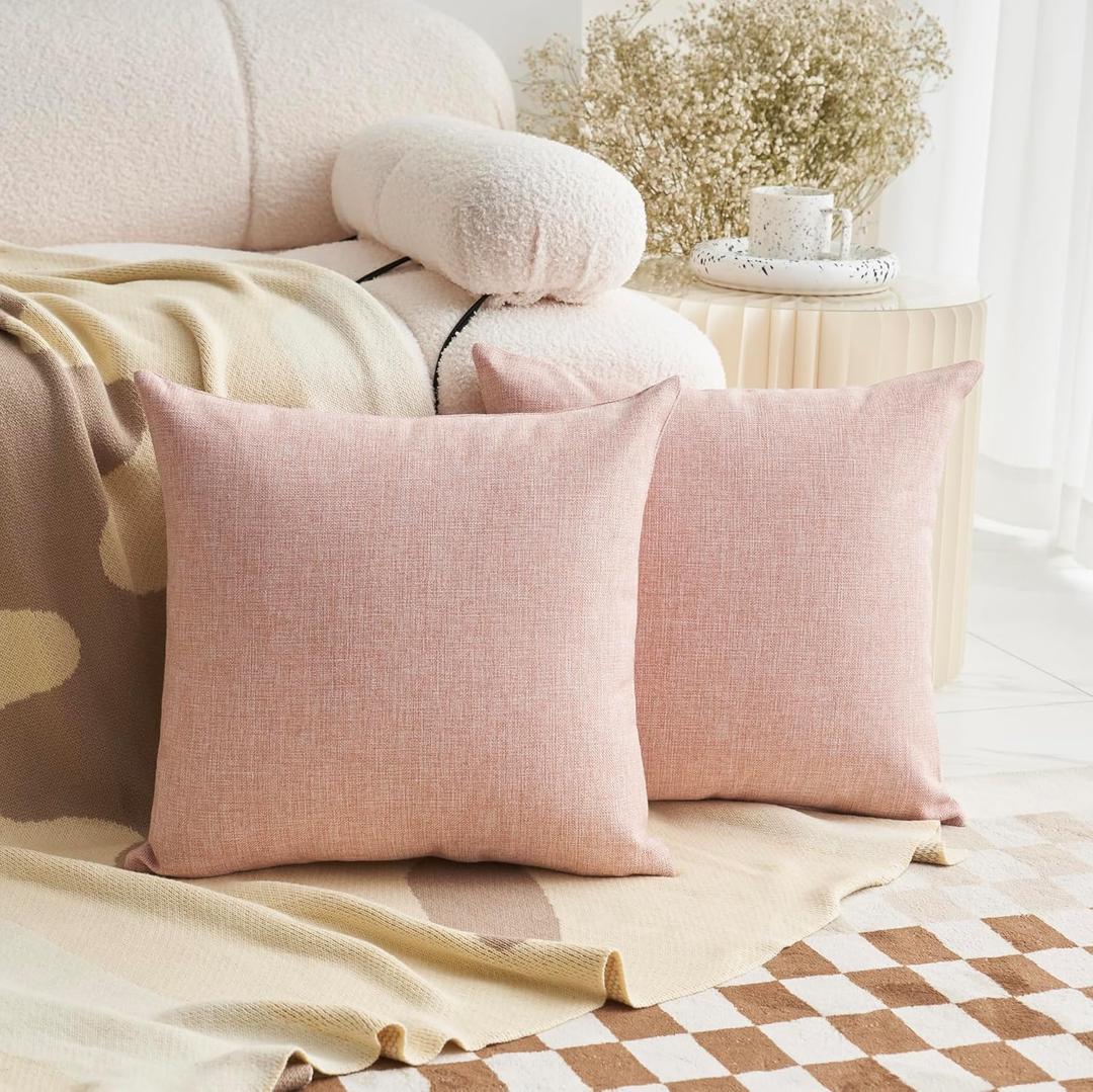 Demetex Grey Pillow Covers 18x18 Square Linen Decorative Throw Pillows for Couch Farmhouse Pillow Cases for Bed Living Room Sofa Decorations, Set of 2, 18 x 18 Inch, Pink