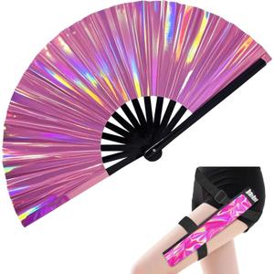 Large Holographic Rave Fan Folding Hand Fans for Line Dancing Portable Handheld Clack Fan with Holster for Festival EDM Party Music Outfit Accessories (13" Pink Suit)