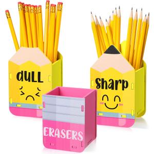 DoubleFill 3 Pcs Sharp and Dull Pencil Holder Eraser Buckets Wooden Shaped Dispenser for Back to School Teachers Classroom Management(Yellow Face)
